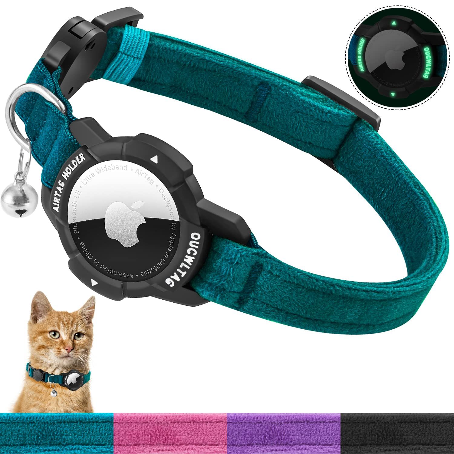 OUCWLTAG ルミナス AirTag 猫 首輪 分離 OUCWLTAG GPS 猫 首輪 Apple Airタグホルダー付き 猫 トラッカーカラー 安全ゴムバンド付き 女の子 男の子 猫 子猫 子犬 (9~13インチ ブルー)