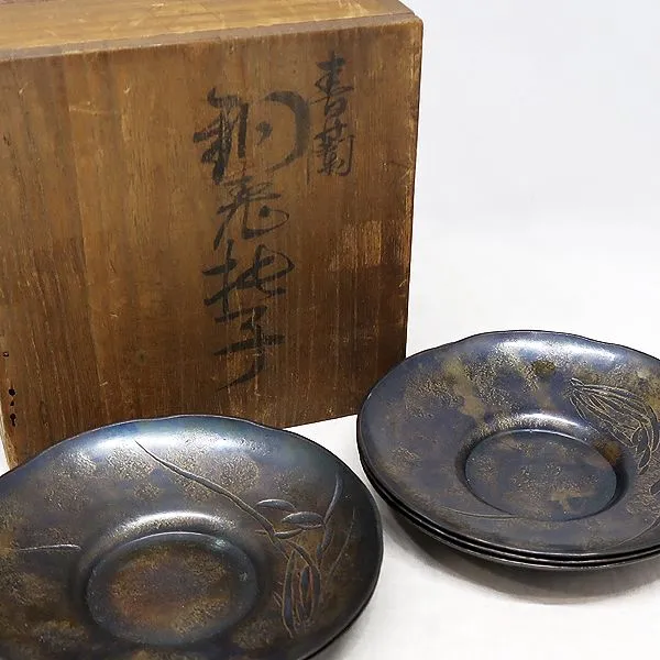 未使用品　玉川堂造　銅製托子　茶托　５客　茶道具 ▽玉川堂 銅製托子 茶托 5客 木瓜形 鎚起銅器 茶器 煎茶道具
