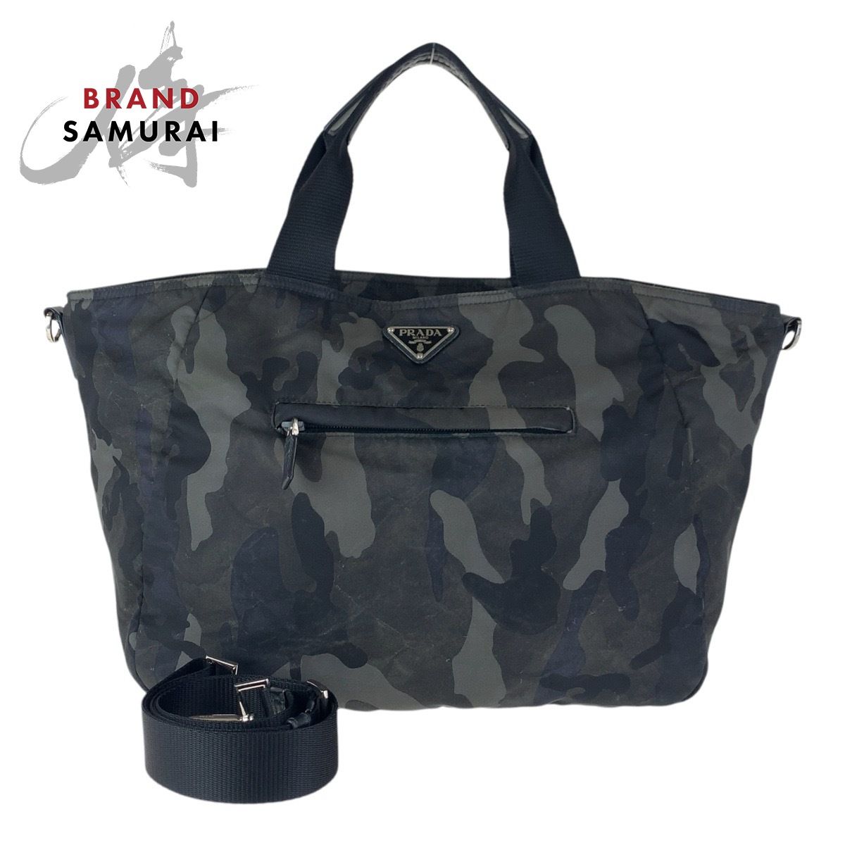 美品 PRADA プラダ テスート カモフラ 三角ロゴプレート カーキ 