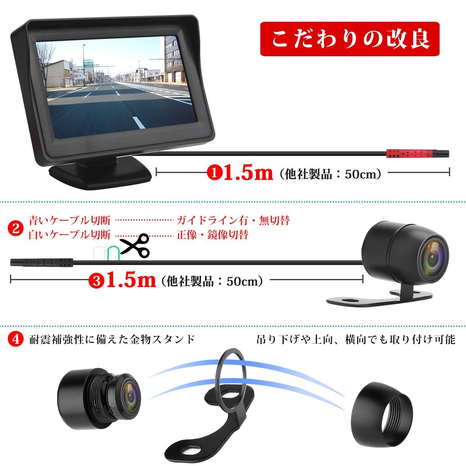 新品 フロントカメラ兼用 リアカメラ バックカメラセット ケーブル一本配線 シガーソケット給電 4.3インチLCDモニター 取り付け超簡単 12V  Antion 日本語説明書 - メルカリ