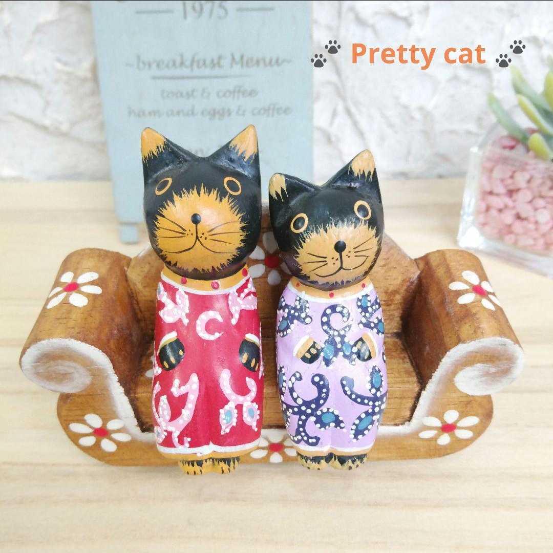 No.2　民族衣装の猫 ３種類セット  木彫り猫 アジアン雑貨 バリ猫