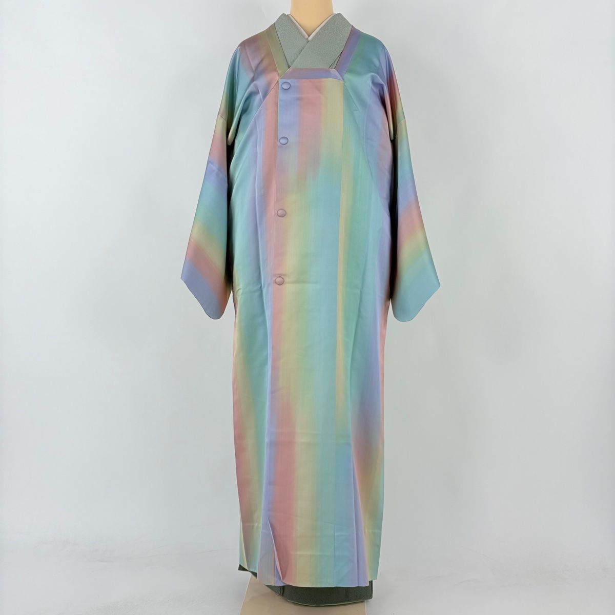 道行 身丈139.5cm 裄丈70cm L 和装コート 角衿 縦縞 染め分け ぼかし 薄緑 正絹 秀品