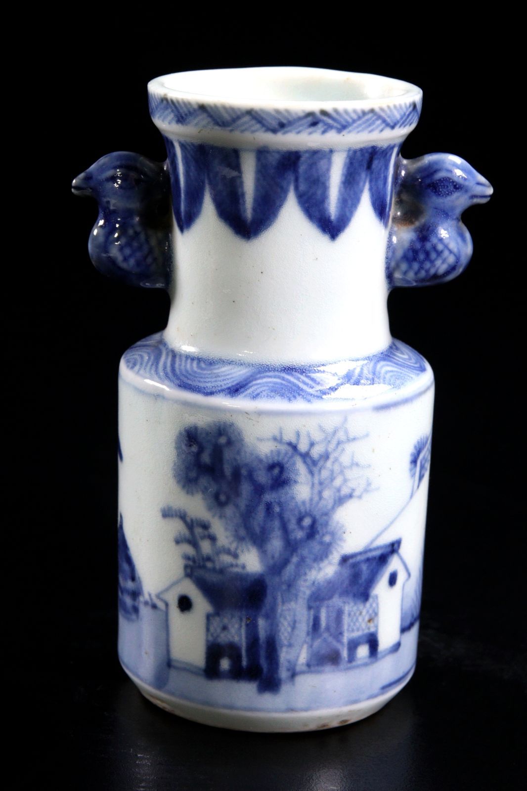 中国古玩 白磁製 鳥双耳染付花瓶 12.5cm 箱付 唐物 骨董 古美術 楾 P3