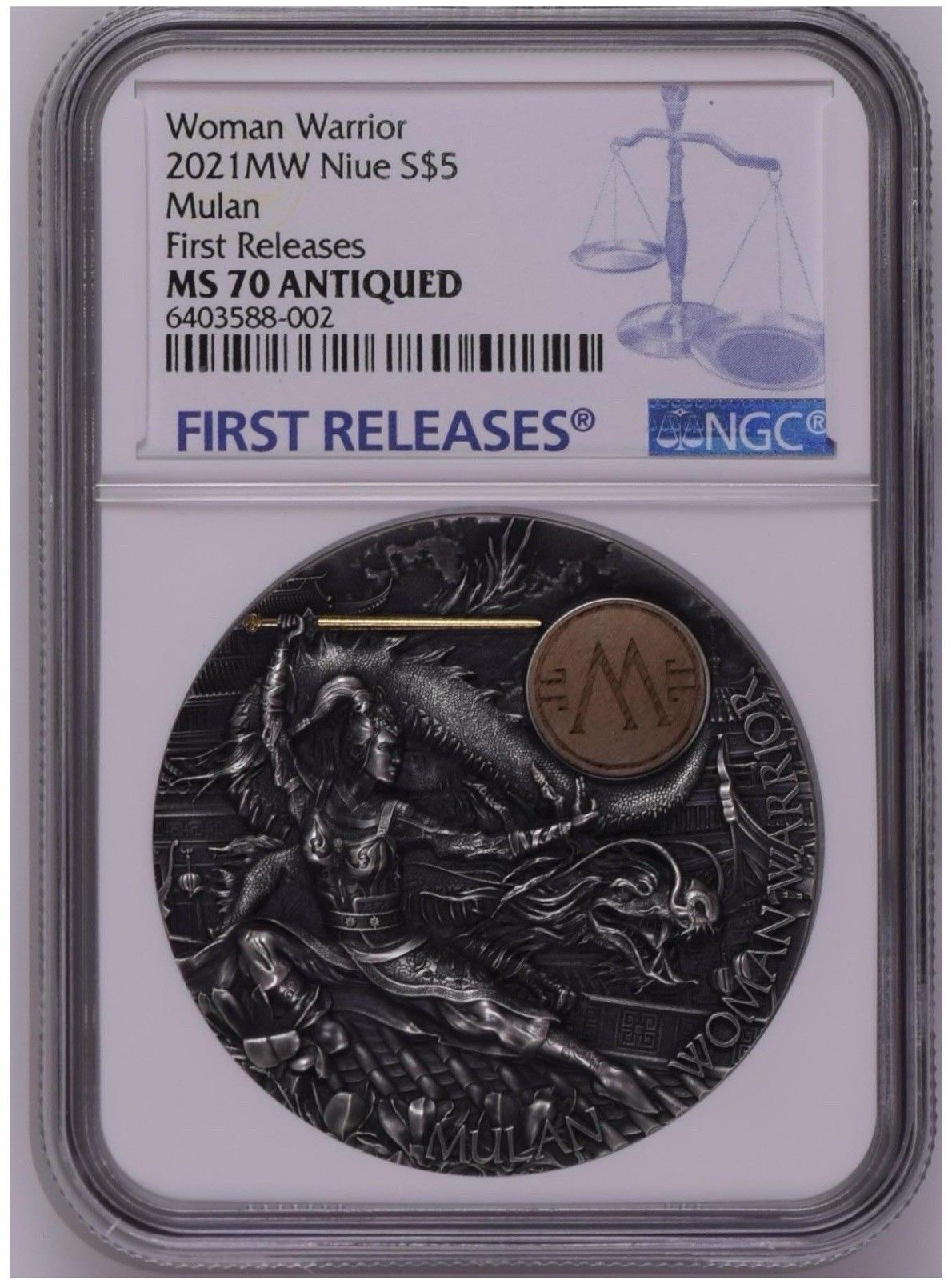 NGC MS70 Niue 2021 Woman Warris Hua Mulan 花木蘭 Antiqued Silver Coin 2oz