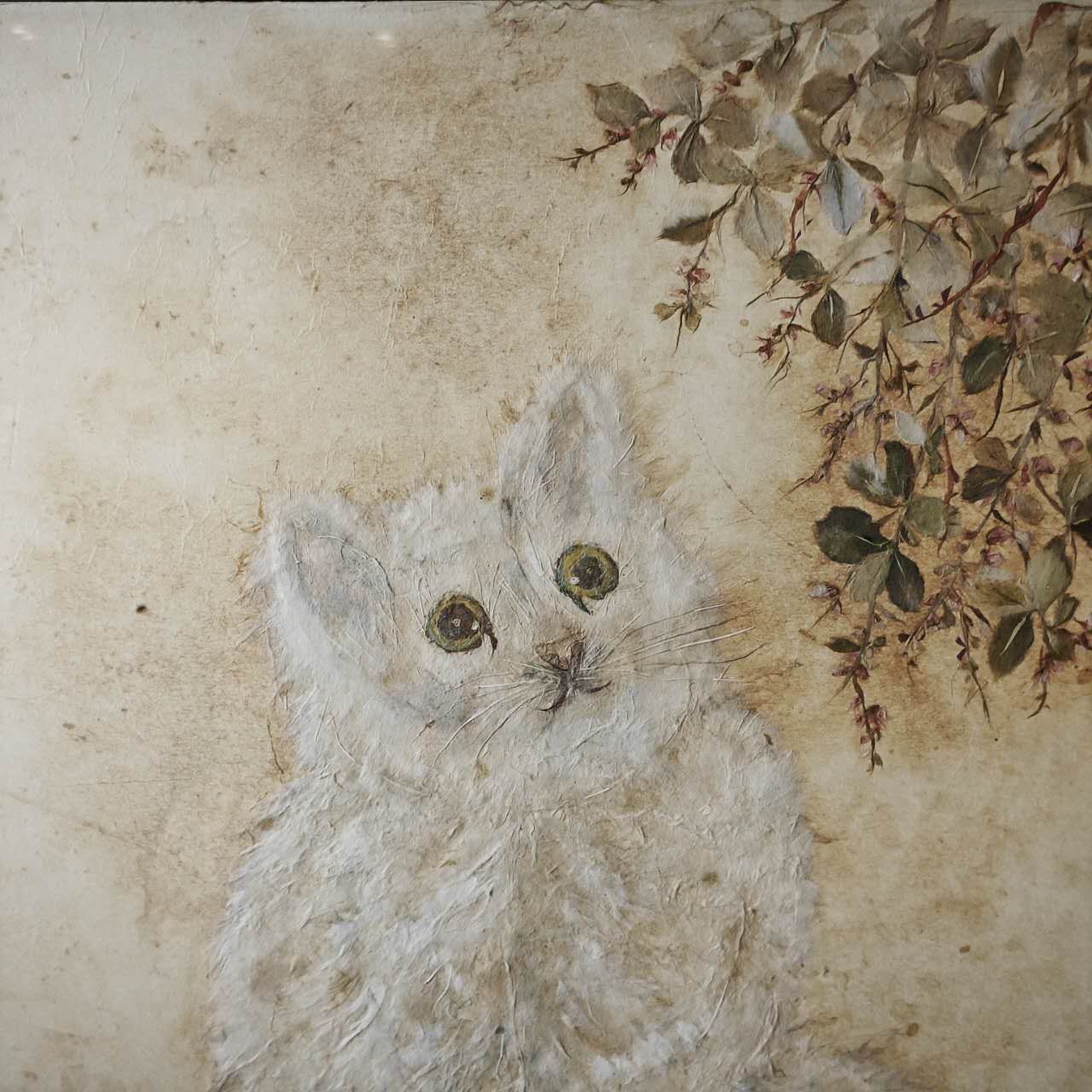 押し花アート 子猫と野草 草木染め 和紙 銀縁額装 ハンドメイド