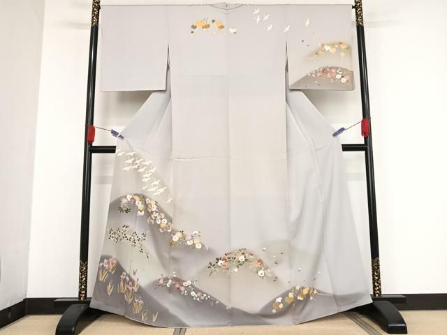 平和屋着物●訪問着　友禅　遠山飛鶴花文　暈し染め　金彩　正絹　逸品　AAAU0336np 平和屋着物○訪問着 友禅 遠山飛鶴花文 暈し染め 金彩 正絹 逸品