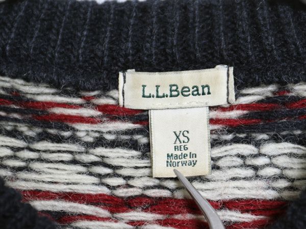  ノルウェー製 エルエルビーン 総柄 ニット カーディガン レディース XS ウール セーター 前開き 羽織り バーズアイ ノルディック ネイビー 長袖 カーディガン ボレロ アンサンブル