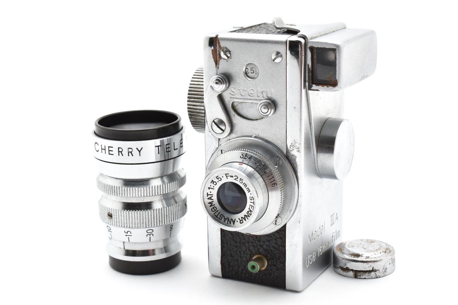 品 STEKY Model IIIA for 16mm film | Stekinar 25mm F3.5 - cherry tele 40mm F5.6 ステキー 小型 フィルムカメラ 豆 スパイカメラ 理研光学工業＃3152