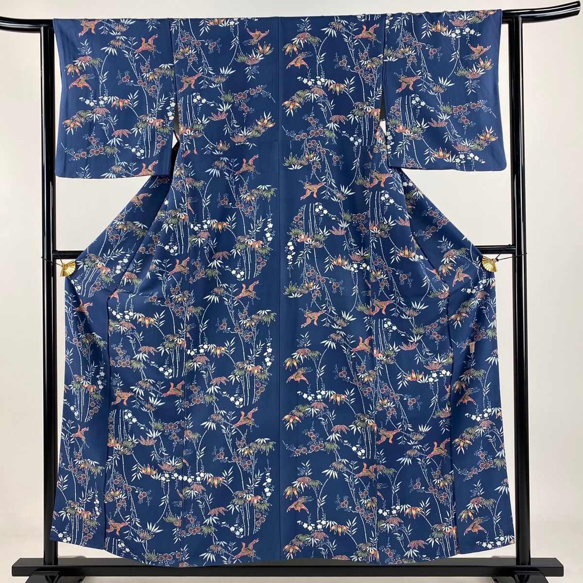 小紋 身丈155.5cm 裄丈62.5cm S 袷 琉球紅型 平野晋二郎 落款 笹 鳥 藍色 正絹