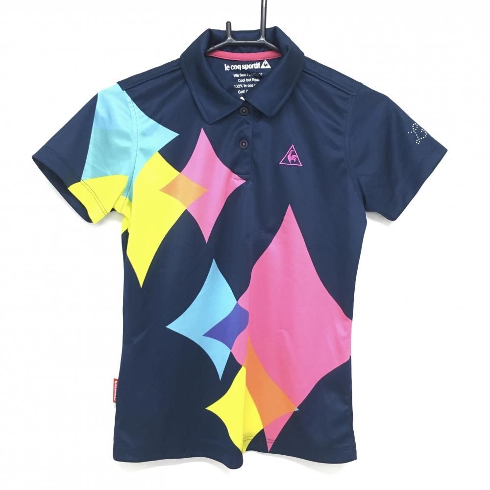 ルコック 半袖ポロシャツ ネイビー×ピンク ダイヤ柄 レディース M ゴルフウェア LE coq sportif