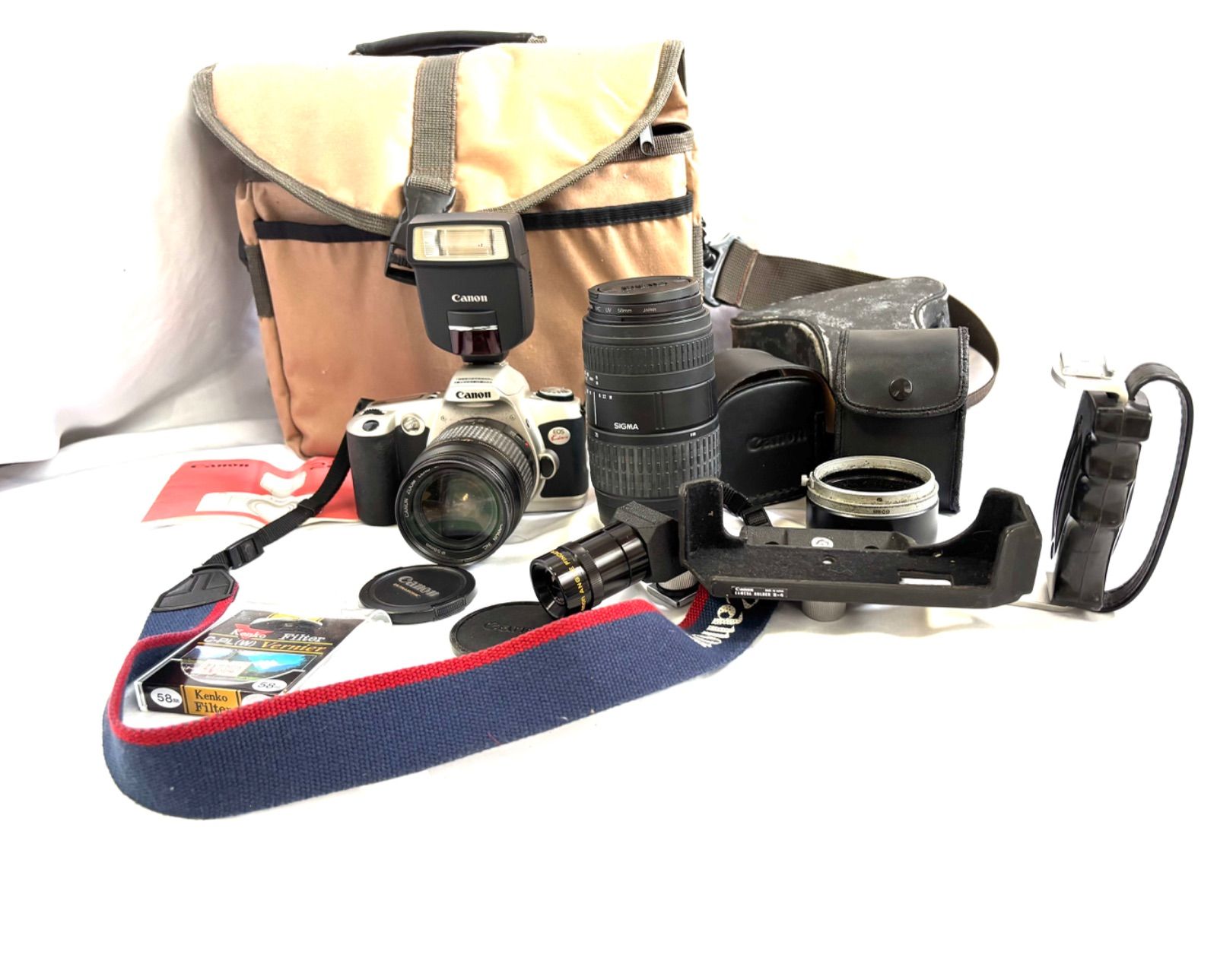 Canon キャノン EOS 220EX Kiss セット 一眼レフフィルムカメラ 28-80mm 1 3.5-5.6 70-300mmレンズ ブラック 各付属品 レトロカメラ 通電 現状品