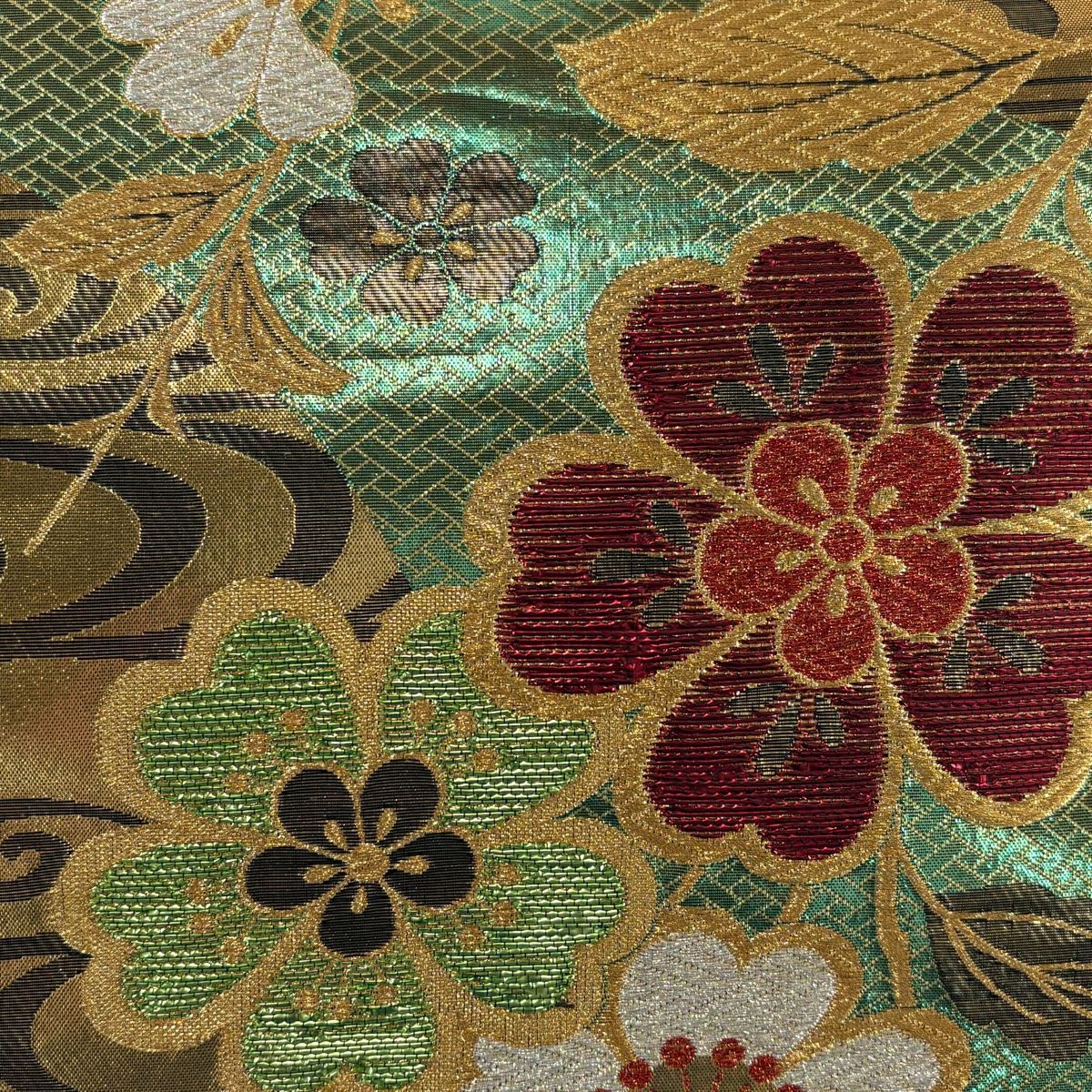 袋帯 秀品 振袖向き 枝垂れ桜 観世水 金銀糸 箔 緑 六通 正絹 WWW_NOITHATQUANGTHANH_NET