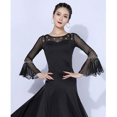 買取強化！ 社交ダンス トップス スカート 2点セット 黒 ブラック M 女性 レディース ダンス衣装 長袖 上品 フリル モダン ラテン ワルツ チャチャチャ 練習着 競技着 ステージ イベント 発表会 dm111x2