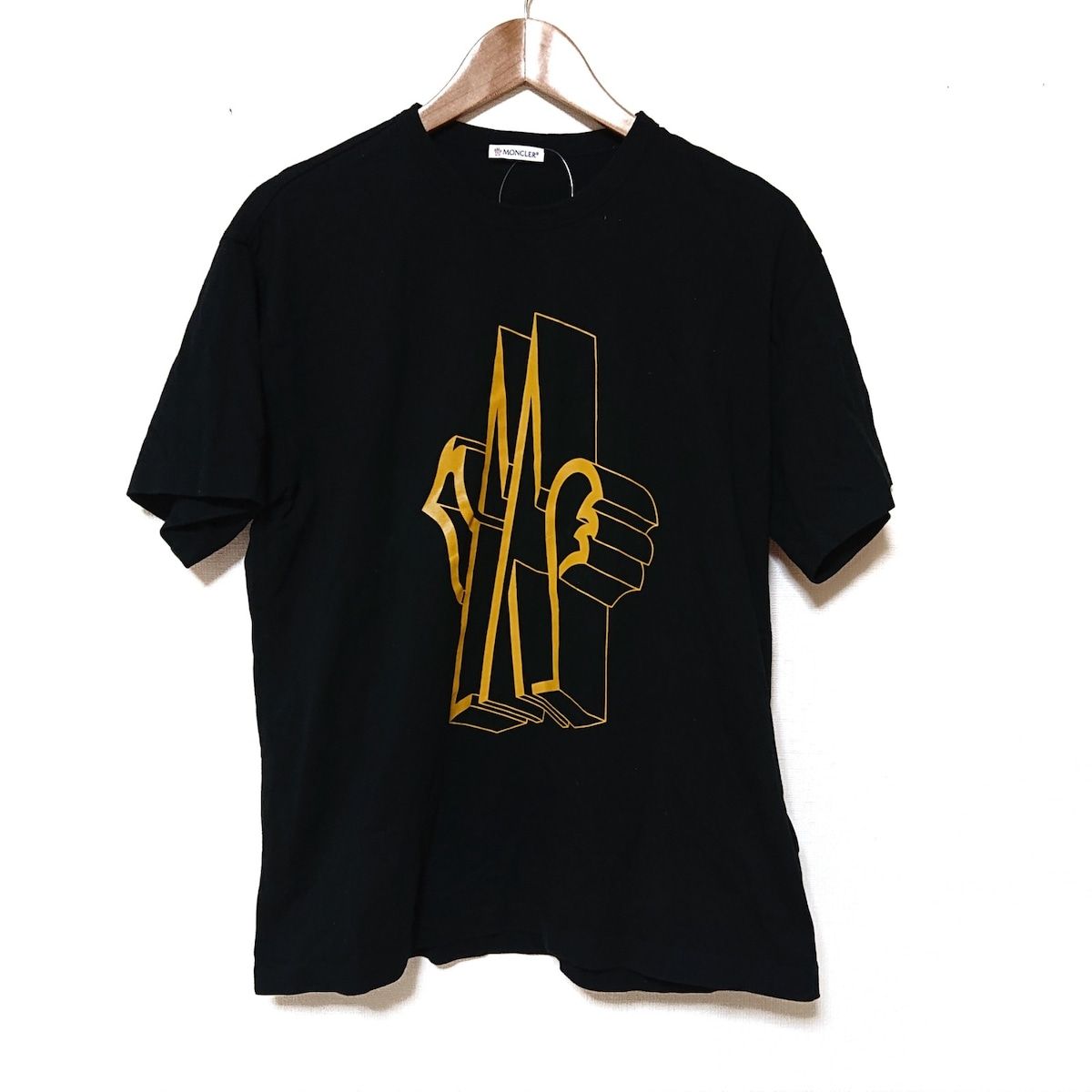 MONCLER(モンクレール) 半袖Tシャツ サイズL メンズ - 黒×イエロー クルーネック