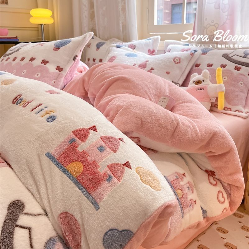 新品未使用 厚手のシーツ4点セット 両面フランネル布団カバー 冬用 フリース生地 200×230cm B 快適 暖かい