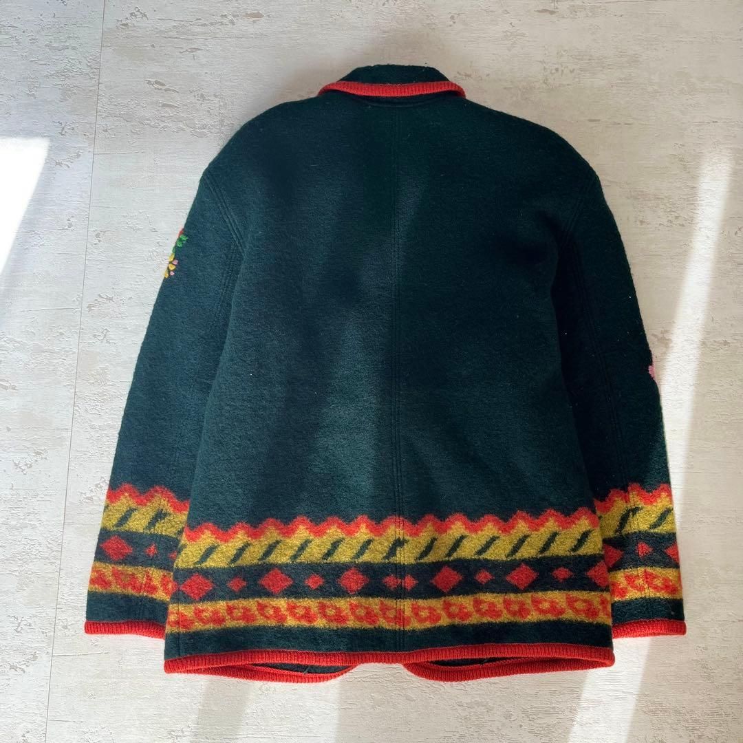 花柄刺繍入りグリーンウールジャケット肩パッド入りフリーサイズ