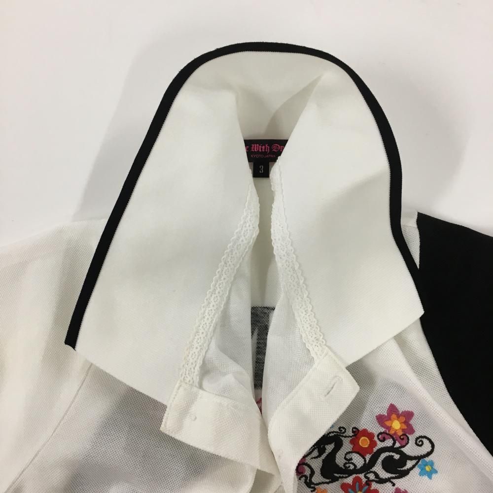 新品級 ダンスウィズドラゴン プリーツ L ポロシャツ 花柄 刺繍 半袖 ゴルフ ダンスウィズドラゴン 半袖ポロシャツ 白×黒 花刺しゅう バック