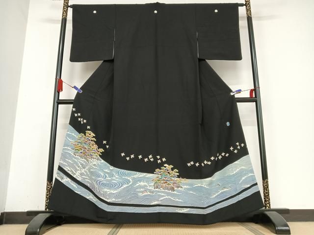 平和屋着物●黒田勲 黒留袖 立波飛鶴松文 三越扱い 正絹 AABB0341zg