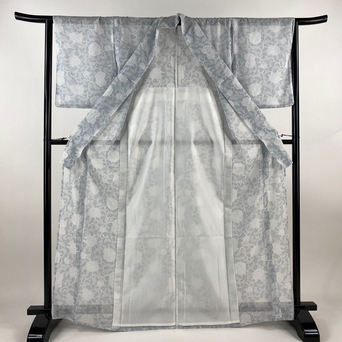 紬 身丈157cm 裄丈63cm S 薄物 夏紬地 花唐草 灰色 正絹 秀品 中古 付下げ 身丈157cm 裄丈63.5cm S 薄物 夏紬地 縦縞 雪月花 深緑 正絹 美