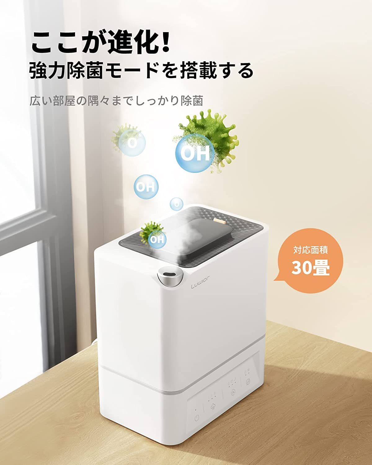 加湿器 卓上 除菌加湿器 第二代 Luwior 電解水除菌 超音波加湿器 大