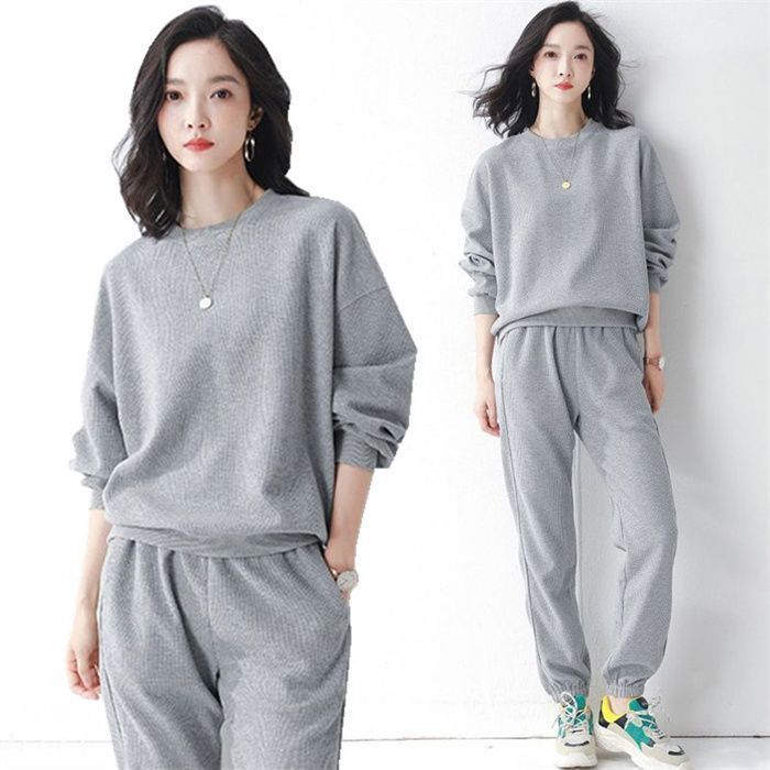 レディース トップス パンツ 部屋着 セットアップ ツーピースセット ジョガーパンツ 長袖 ラウンドネック ウエストゴム 配色 薄手 リネン 綿 カジュアル スウェット 「セットアップ」ショート丈トップス ジョガーパンツ