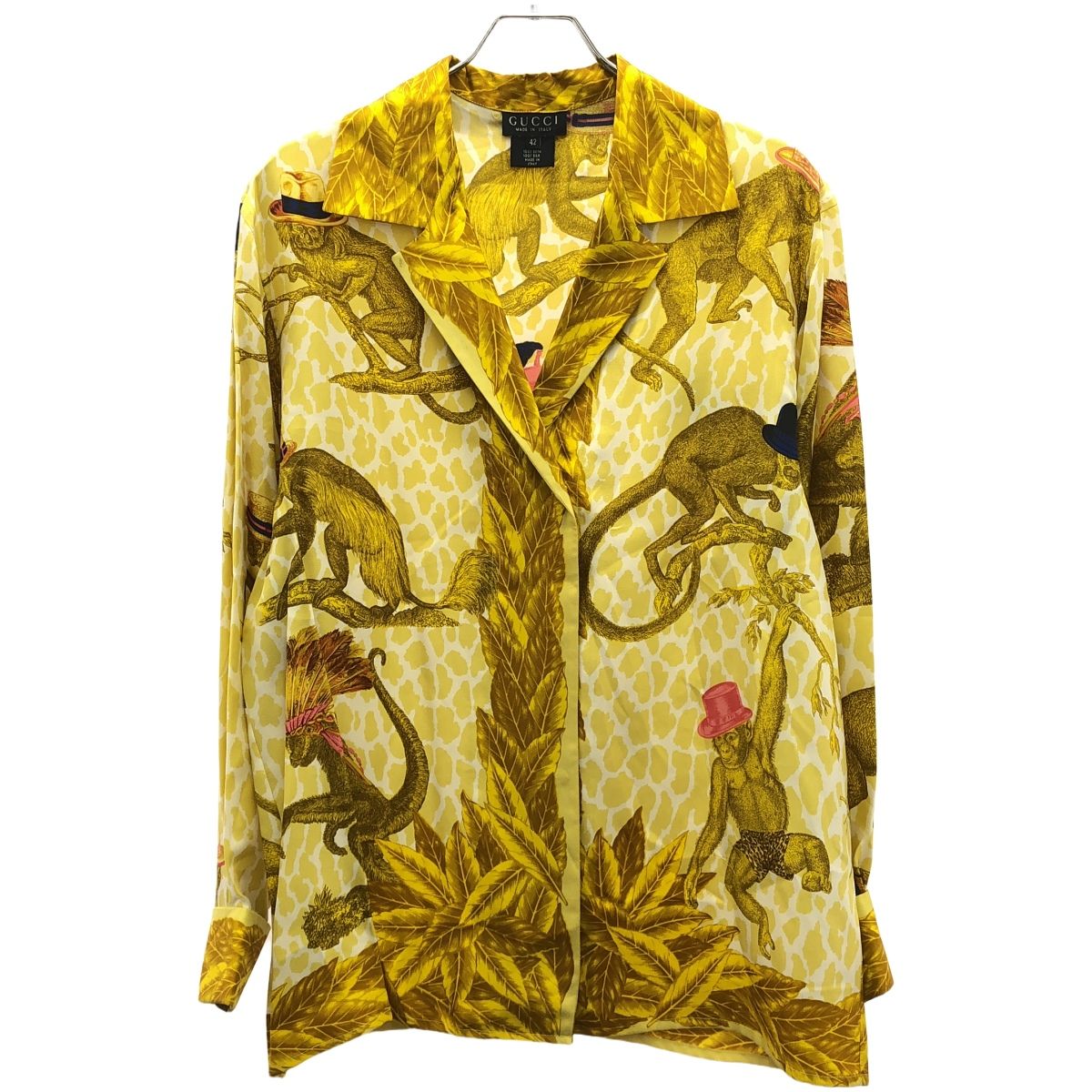 GUCCI - GUCCI グッチ オールドビンテージ モンキープリントシルクシャツ  イエロー 42 GUCCI グッチ オールドビンテージ モンキープリントシルクシャツ