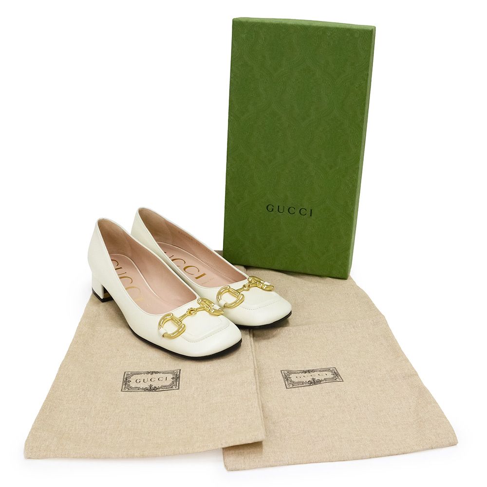✿ グッチ ホースビット 靴 38 25cm パンプス レザー ホワイト 白 ゴールド金具 645600 GUCCI