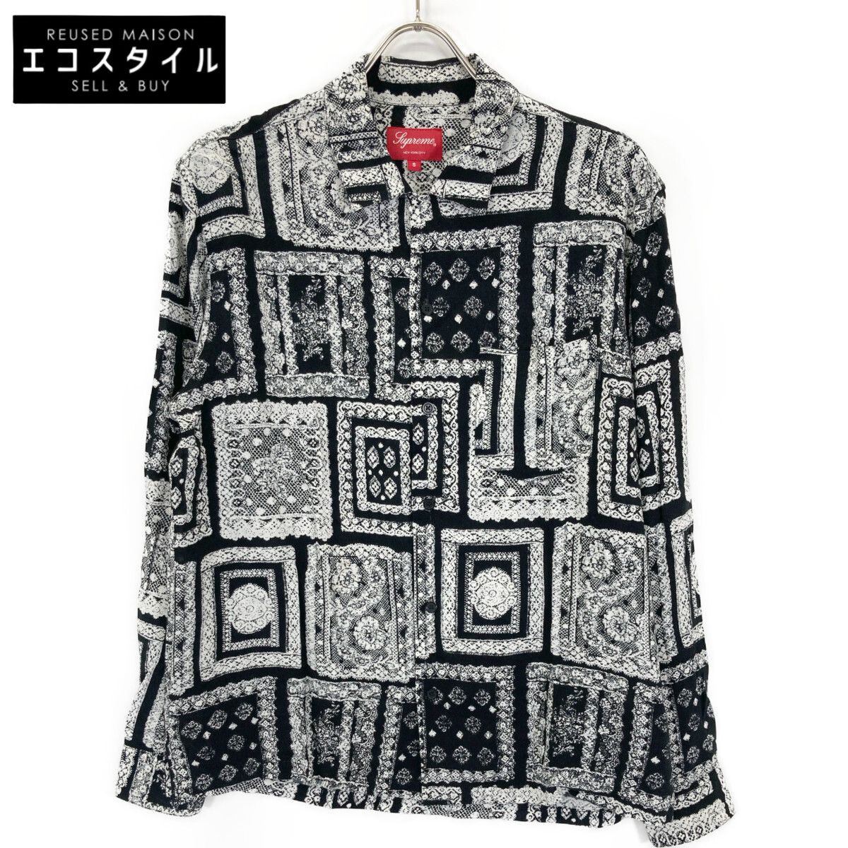 Supreme シュプリーム 17SS ﾌﾞﾗｯｸ 総柄 Rayon ﾛﾝｸﾞｽﾘｰﾌﾞｼｬﾂ S