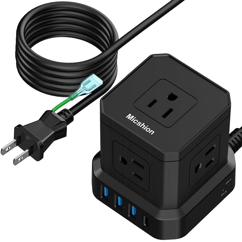 Micshion Type-C付電源タップ 延長コード 5M コンセントusb付き（合計2400W) 4個USB-Aポート 雷ガード/アース保護ランプ付き タコ足配線 テーブルタップ OAタップ マルチタップ 安全保護機能 自宅用 会社用 ブラック 0