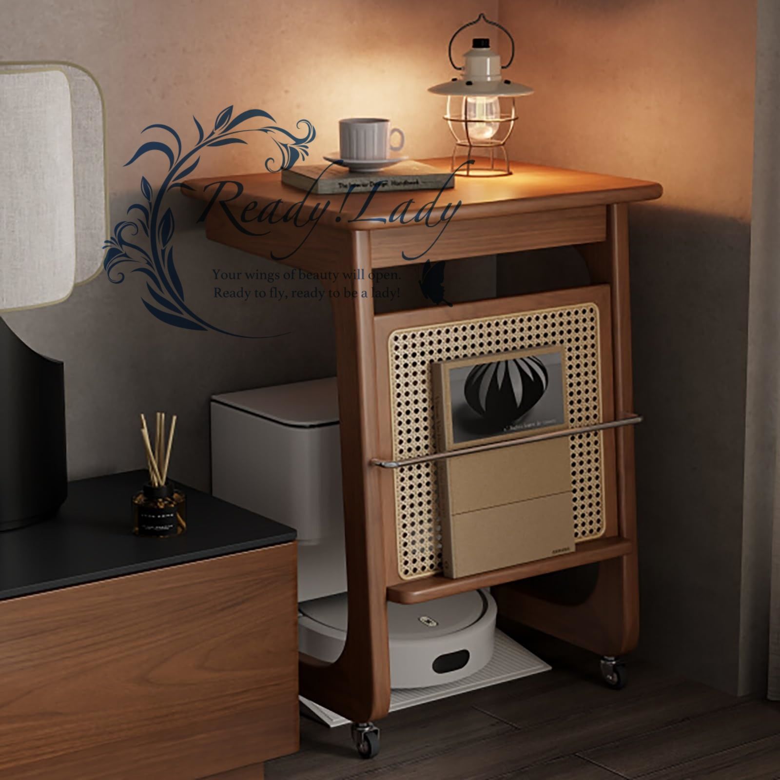 ロボット掃除機用スタンドキャビネット 木製オープン棚付き フリースタンディングラック リビング キッチン オフィス用 Brown 60cm