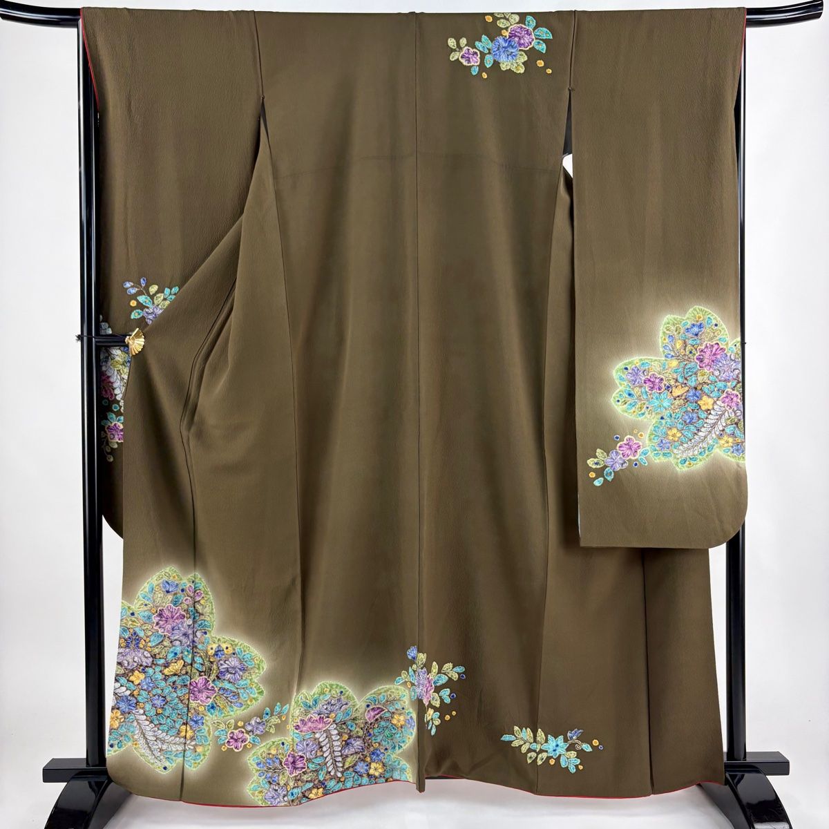 振袖 身丈161.5cm 裄丈66cm M 袷 草花 金彩 ぼかし 茶緑色 正絹 名品
