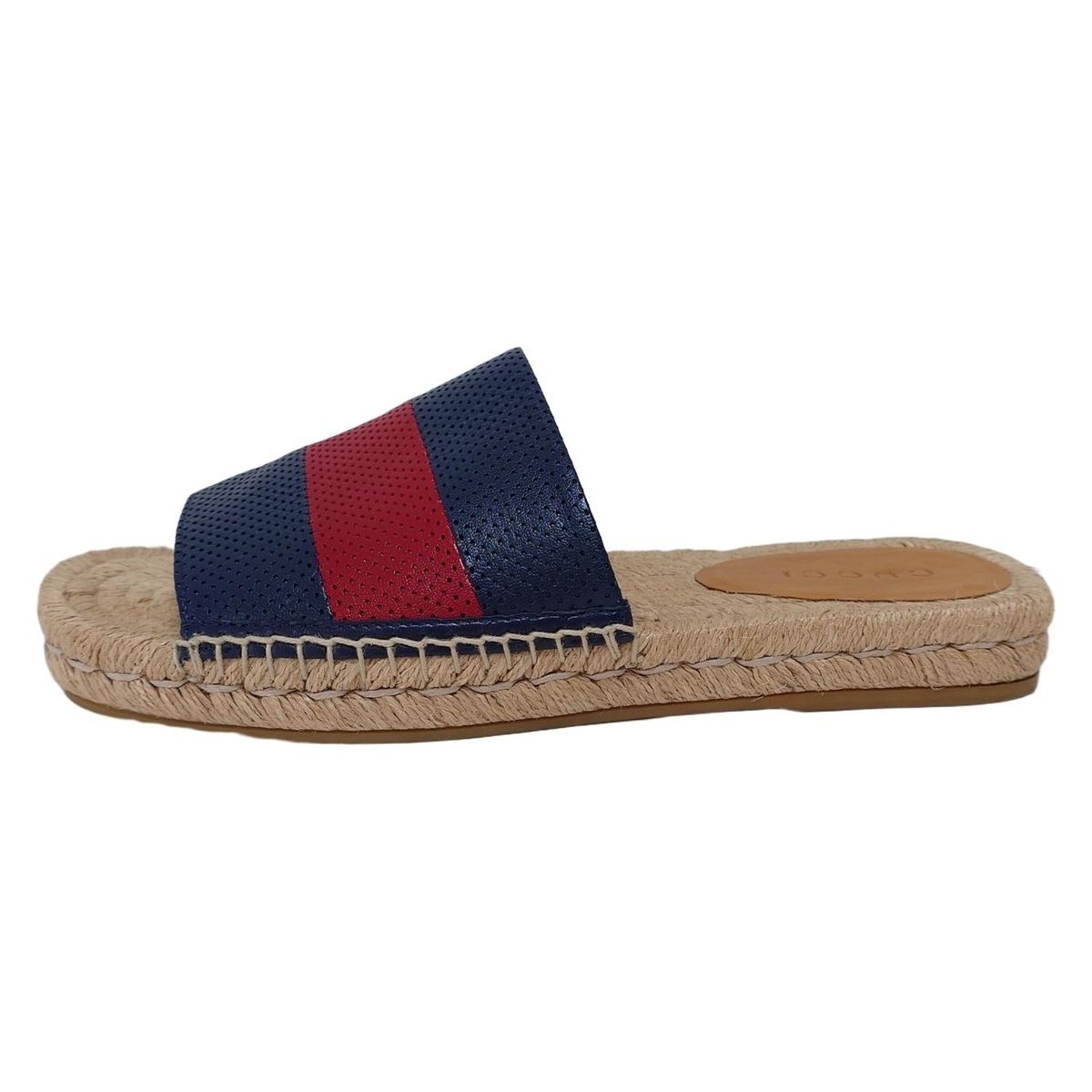 GUCCI グッチ サンダル 6 メンズ - 624985 ネイビー×レッド リネン レザー