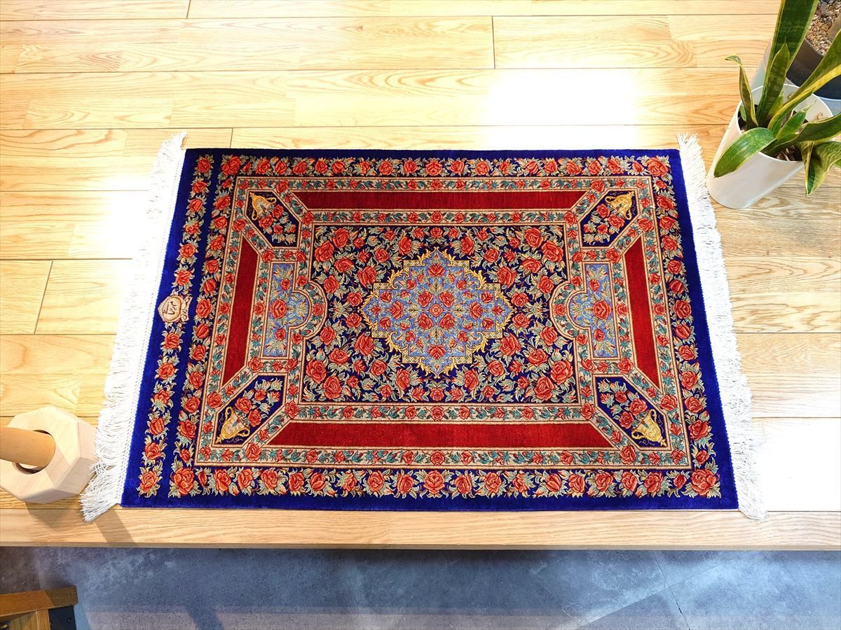 ペルシャ絨毯クム産シルク ラフマーニ工房 玄関マット 87x60㎝ 薔薇 花瓶 521-0944