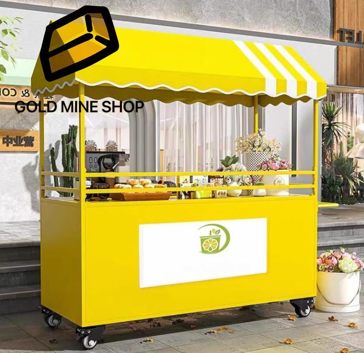 屋台ブース 多機能ハンドカート 車輪付き食品小型カート 屋台食品ベンダーカート 商業キオスク屋台 道端屋台ディスプレイラック Yellow 140x60x190cm|55x24x75in