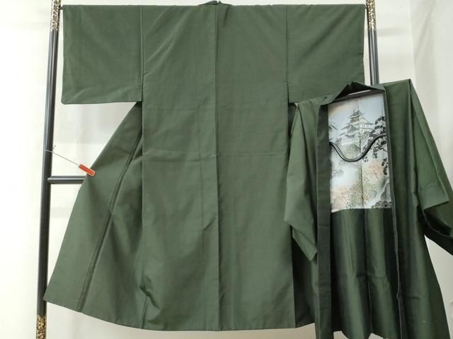 平和屋着物●男性 紬 アンサンブル 色無地 黒緑色 正絹 CAAW7721yc