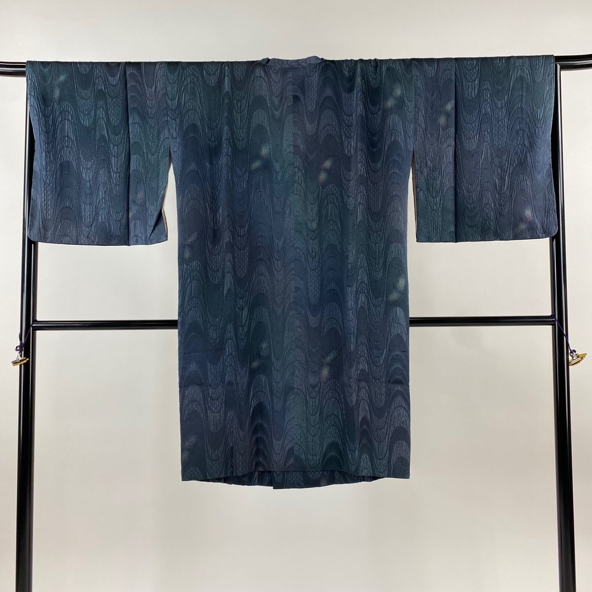 道行 身丈104cm 裄丈66.5cm M 和装コート 角衿 鳥 幾何学 ぼかし 青緑 正絹
