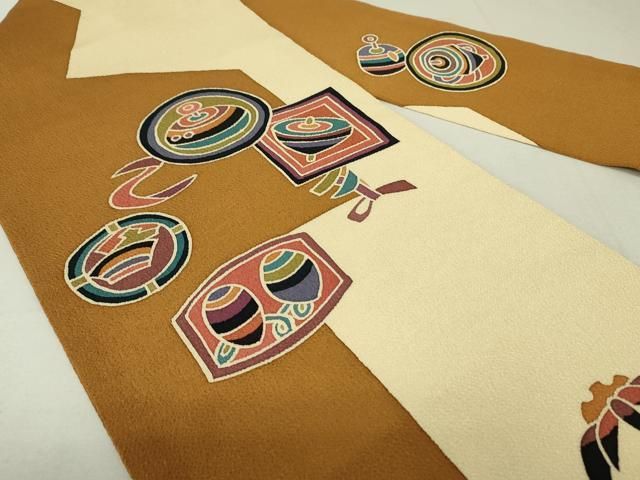 平和屋着物○九寸名古屋帯 作家物 型染 玩具文 独楽 コマ 鬼しぼ縮緬