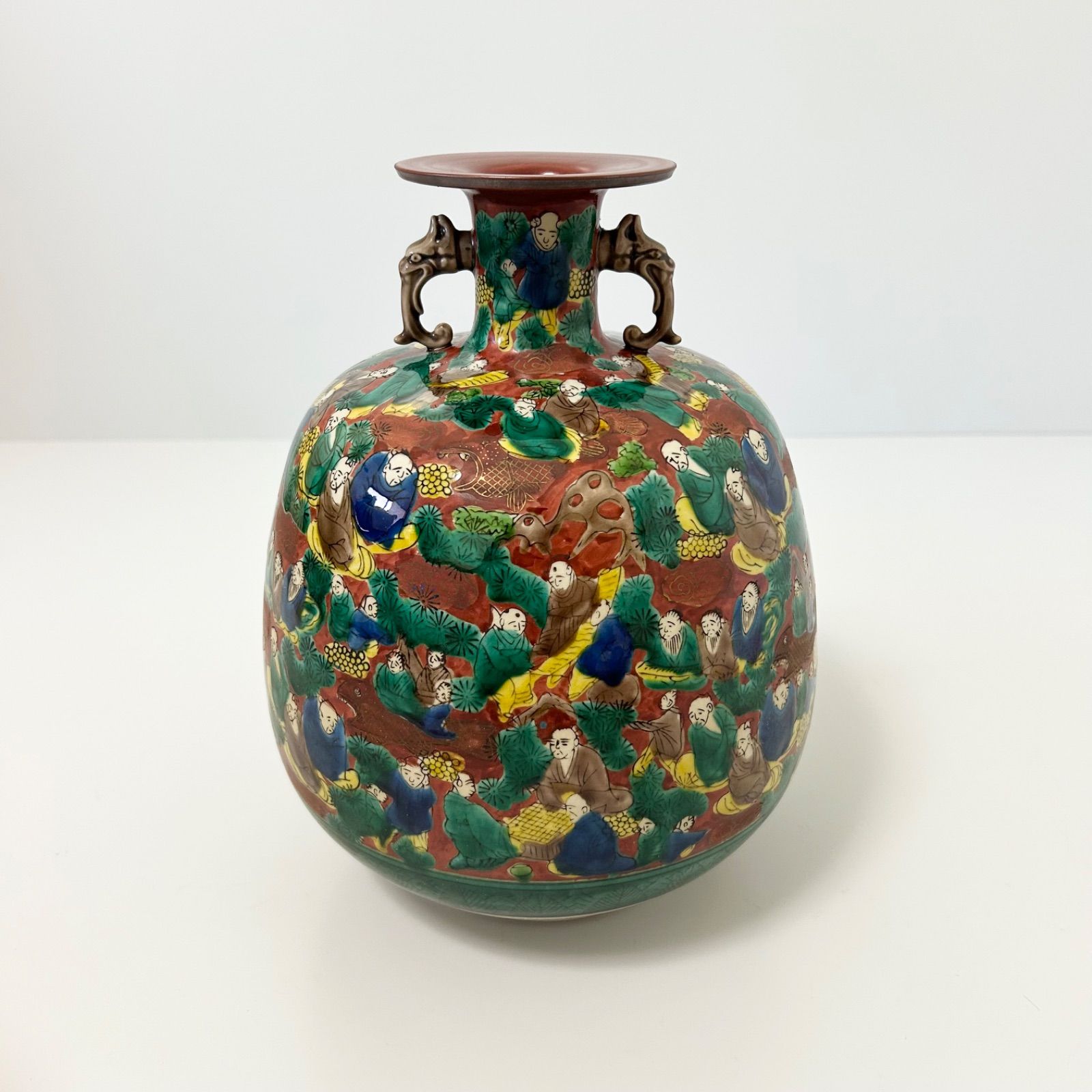 九谷焼 木米 花瓶 耳付き 骨董品 花生 花器 老人 色絵28cm 壺