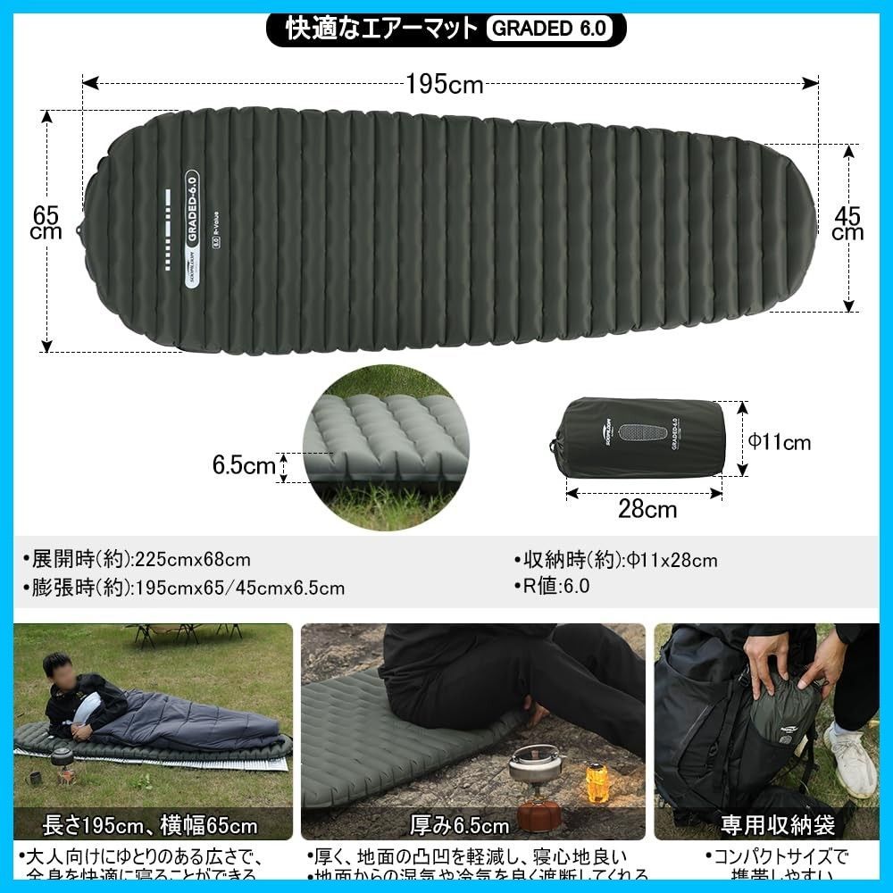 数量 SoomloomキャンプエアーマットGRADED6.0高R値断熱低温耐寒空気入れポンプバッグ付きコンパクト軽量600gポータブルエアーベッド車中泊登山防災地震アウトドアキャンプインフレーターマット アーミーグリーン