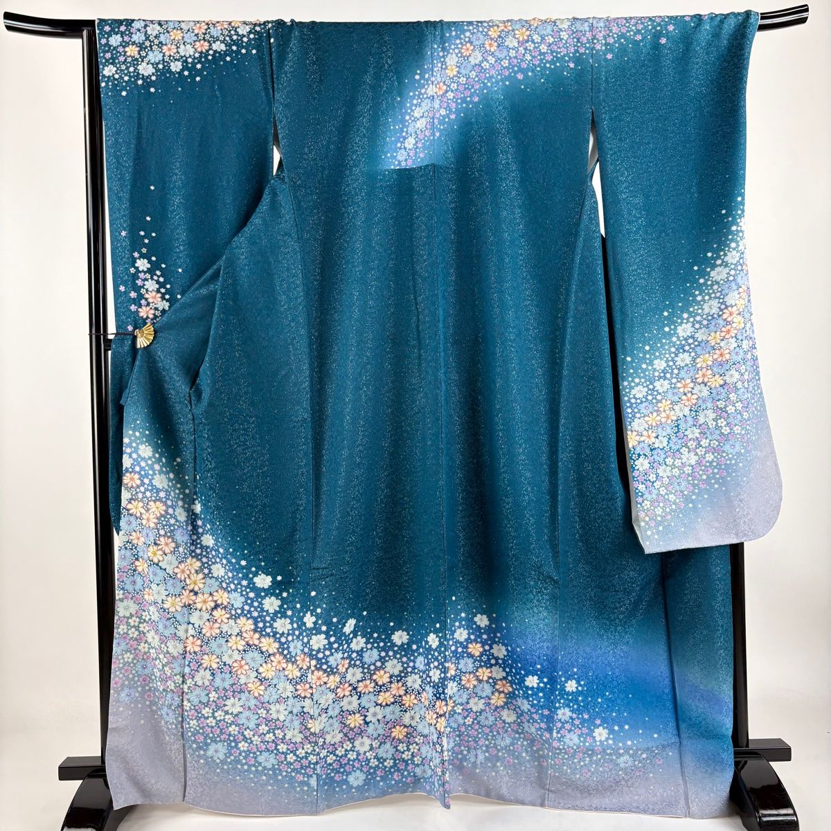振袖 身丈165cm 裄丈71cm L 袷 花柄 銀通し ラメ 青緑 正絹