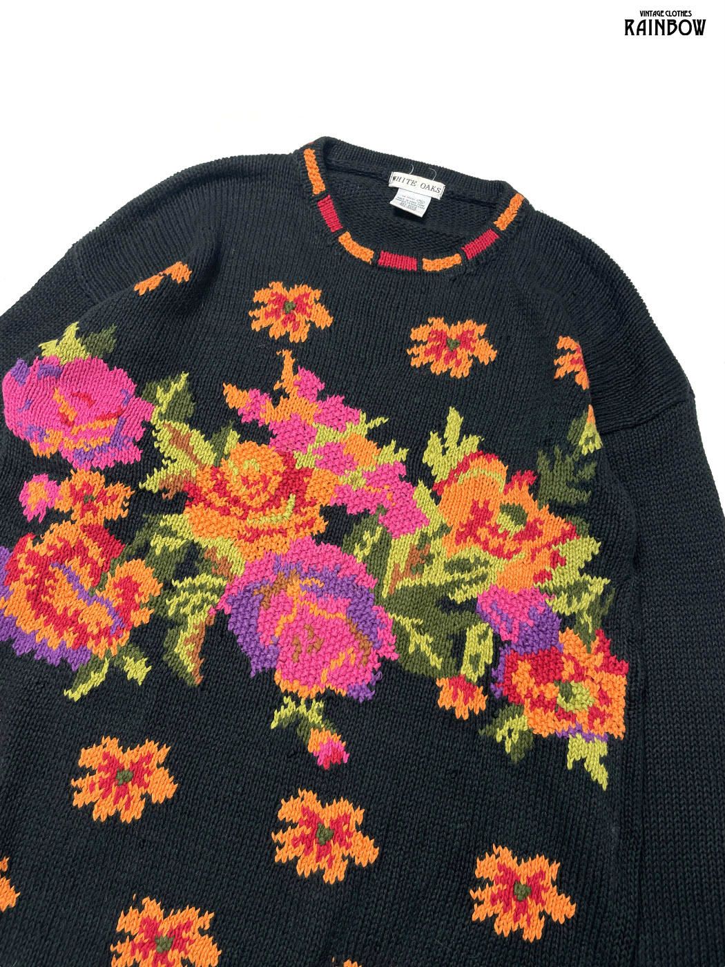 古着 WHITE OAKS 花柄 コットン 長袖 ニット セーター 黒 ttu 2509014