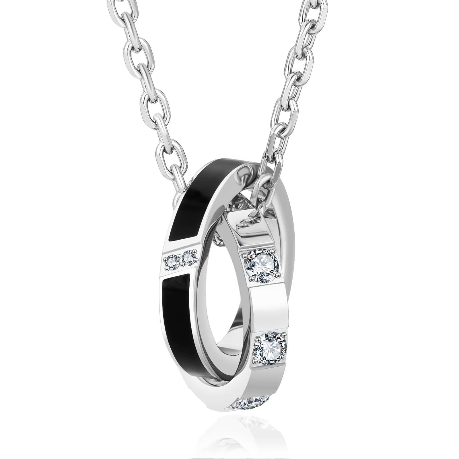 KRKC&CO リングネックレス メンズ ペンダントトップ チェーンネックレス ダブルリング サージカル ステンレス ペアネックレス 男女兼用 シルバー ブラック 金属アレルギー対応 誕生日 記念日 プレゼント