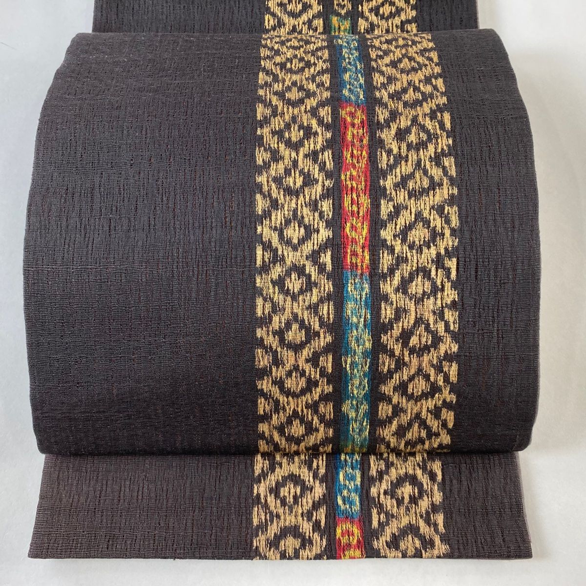 袋帯 秀品 幾何学模様 茶紫 全通 正絹 【中古】