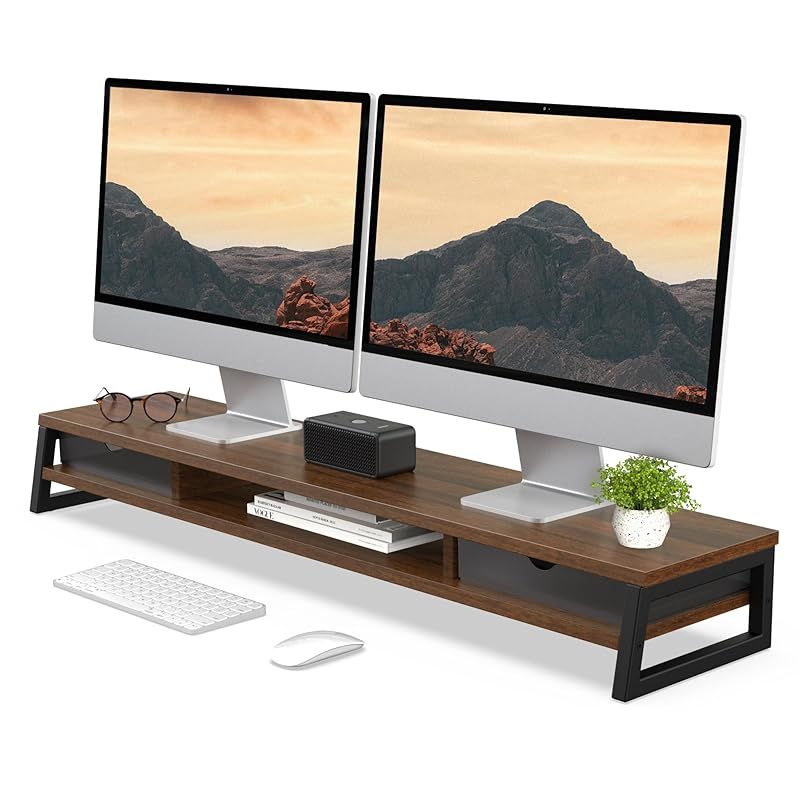 Fenge モニター台 卓上 デスクシェルフ モニタースタンド パソコン台 引き出し付き2段 木製 幅108 cm pc台 机上台 デュアルモニター 台 机上ラック 卓上台 デスク周り収納 ディスプレイ ブラウン