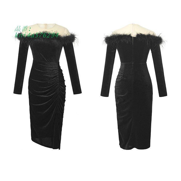 肩出しオフショル風ファー使い ベルベット膝丈タイトドレスワンピース