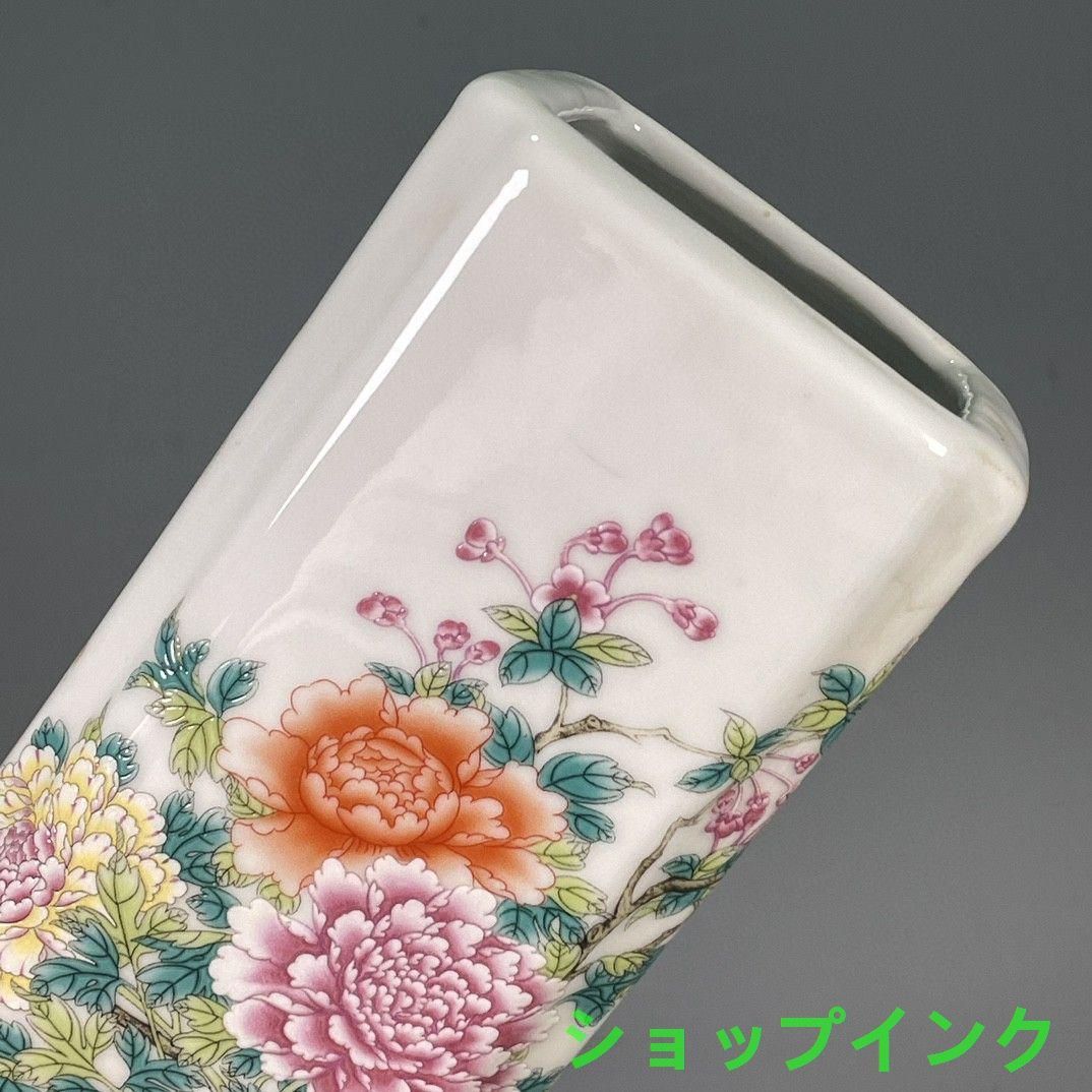 大清光緒パステル牡丹花卉四方毛筆筒 花瓶 景徳鎮 陶磁器 装飾品