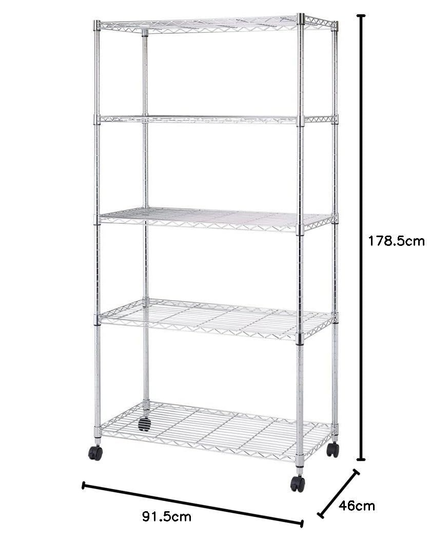 商品 キッチン収納 シェルフ 業務用 ポール径25mmパーツ対応 防錆加工 EL25-90185 キャスター付き 頑丈 全体耐荷重400kg 幅90×奥行46×高さ180cm 収納棚 スチールラック 5段 幅90 メタルルミナスラック ルミナス互換 棚