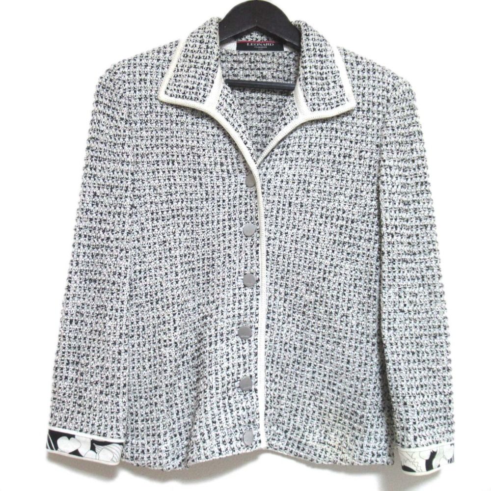 LEONARD レオナール シングル シルク ニット ツイード ジャケット Mサイズ グレー レディース 古着