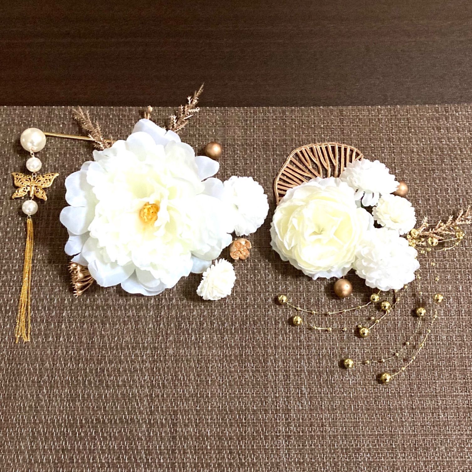 豪華な特大パール蝶々簪♥︎特大ピオニー♥︎金箔☆結婚式髪飾り