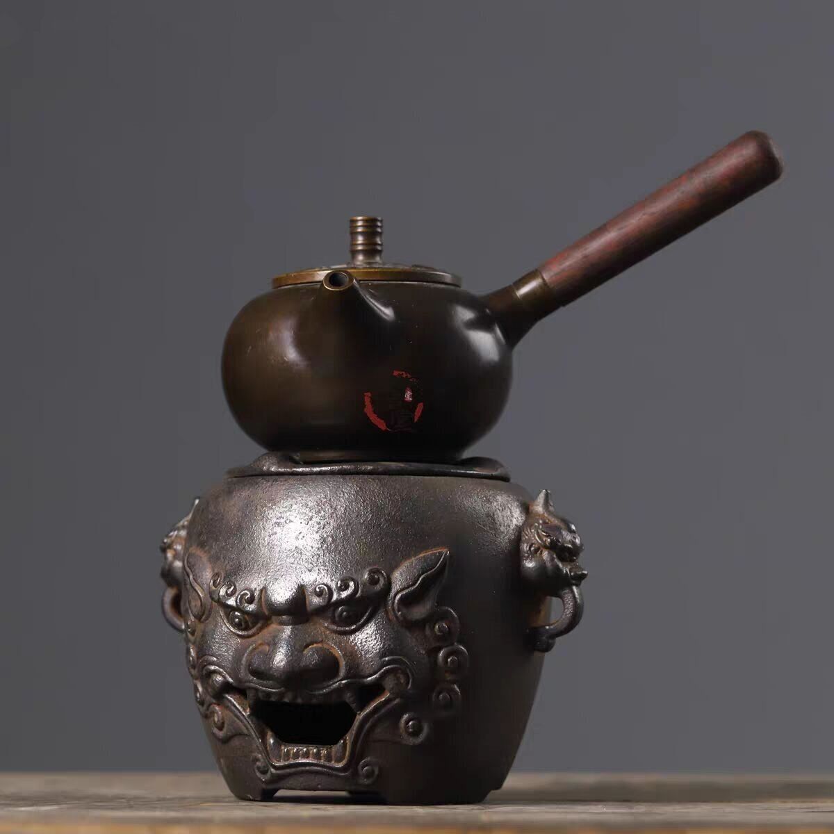 実用品 古鉄器 双耳獣頭 茶釜 鋳鉄製 炭火炉 火鉢 酒温め＆煮茶神器